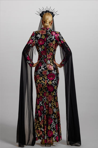 Vestido largo de manga larga con cuello redondo y lentejuelas 