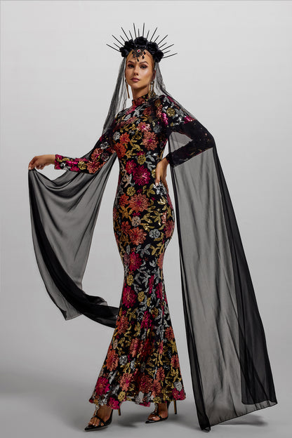 Vestido largo de manga larga con cuello redondo y lentejuelas 