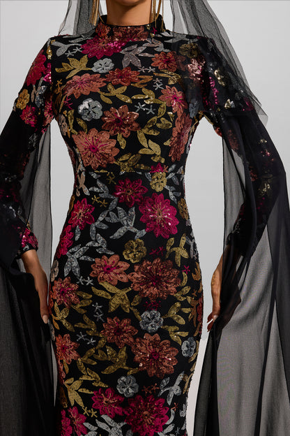 Vestido largo de manga larga con cuello redondo y lentejuelas 