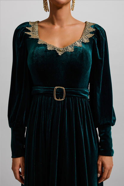 Vestido largo de terciopelo liso con mangas farol 