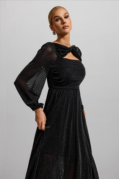 Vestido midi fruncido con mangas farol y nudo 