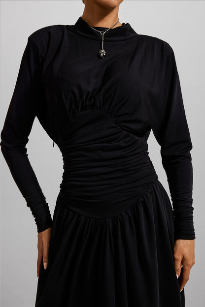 Vestido largo de jersey liso con mangas largas y fruncido 