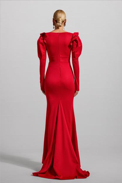 Vestido largo de jersey liso con cuello en V y volantes 