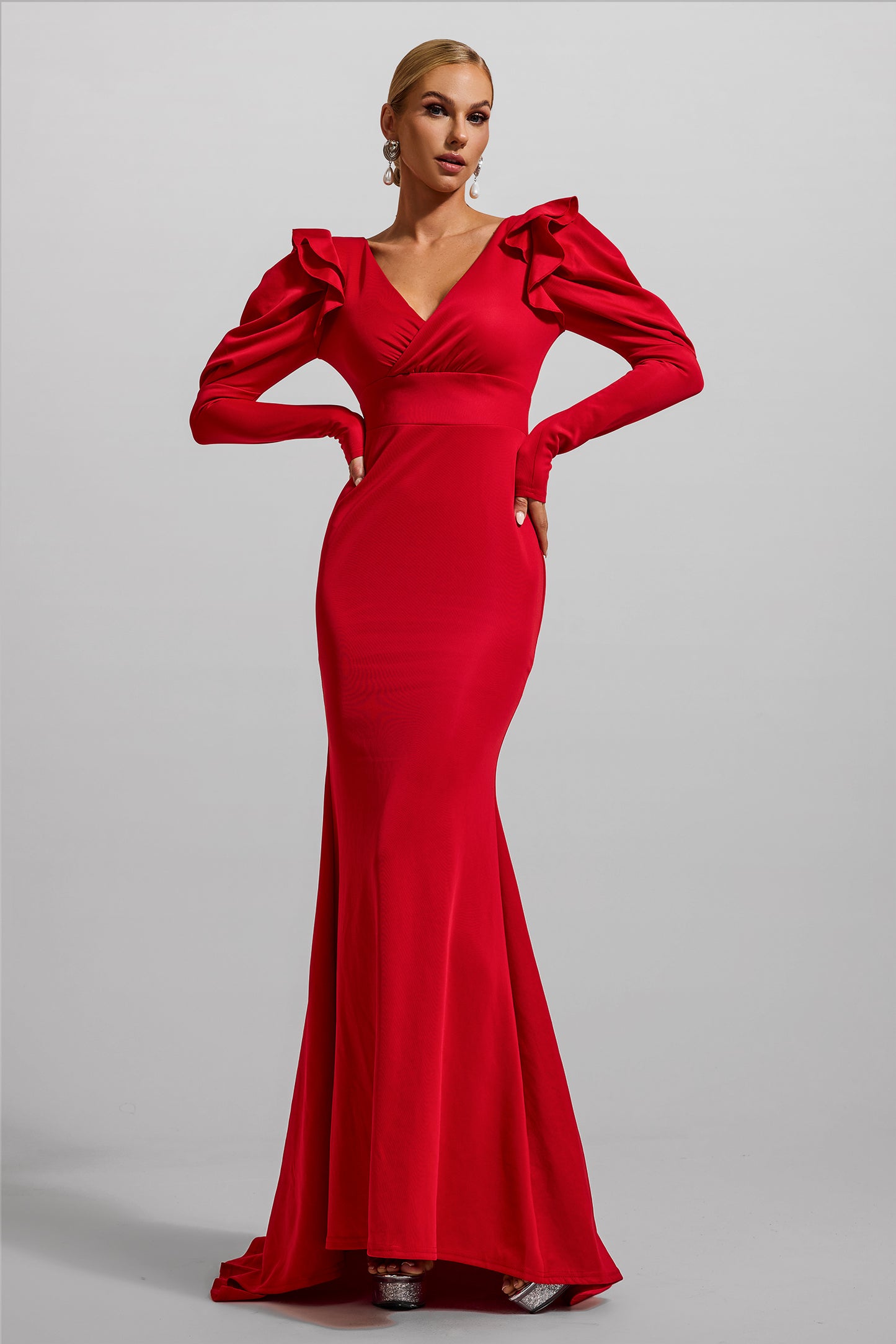 Vestido largo de jersey liso con cuello en V y volantes 