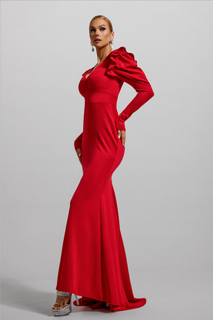 Vestido largo de jersey liso con cuello en V y volantes 