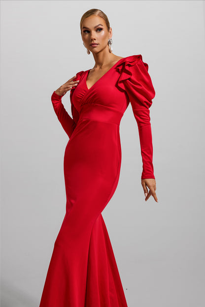 Vestido largo de jersey liso con cuello en V y volantes 