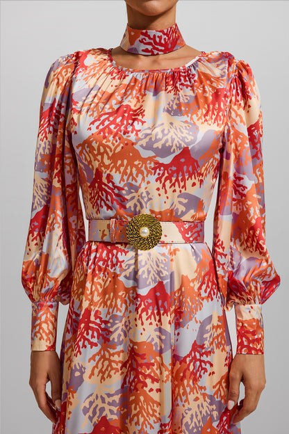 Vestido largo con mangas abullonadas y estampado coral con cinturón 
