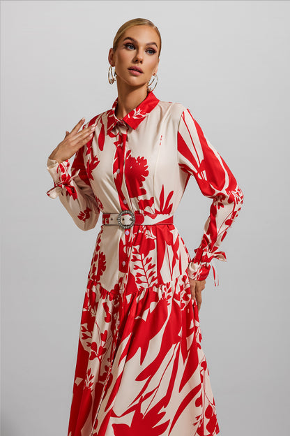 Vestido midi floral con encaje y cinturón 