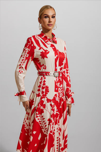 Vestido midi floral con encaje y cinturón 