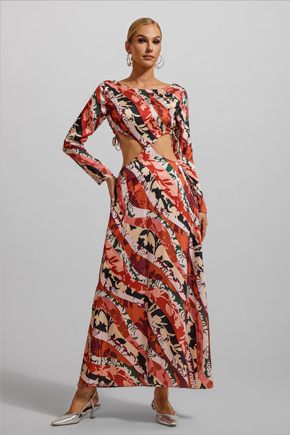 Vestido midi de manga larga con aberturas florales 