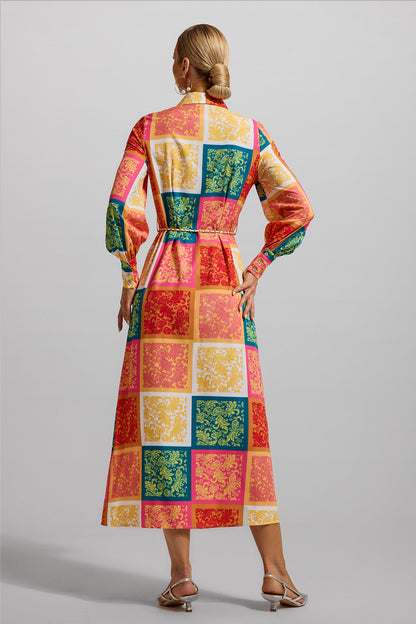 Vestido midi con cuello camisero y estampado de patchwork con cinturón 