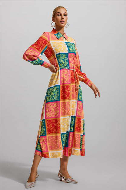 Vestido midi con cuello camisero y estampado de patchwork con cinturón 