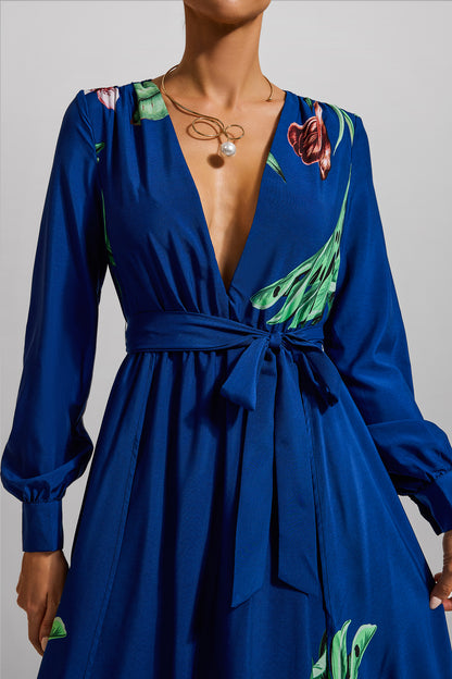 Vestido largo floral con cuello en V y mangas farol 