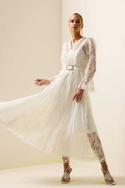 Vestido midi de manga larga con encaje liso y cinturón 