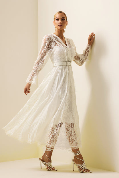 Vestido midi de manga larga con encaje liso y cinturón 