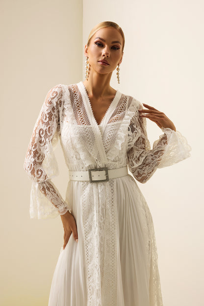 Vestido midi de manga larga con encaje liso y cinturón 