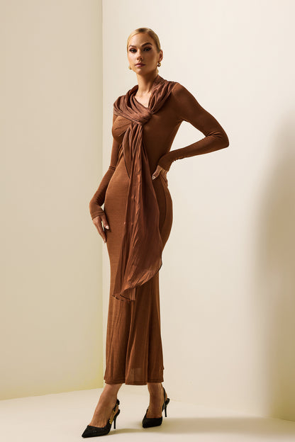 Vestido midi de manga larga de jersey liso 