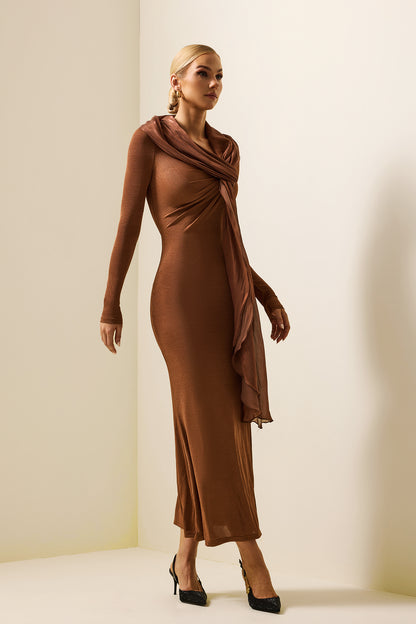 Vestido midi de manga larga de jersey liso 