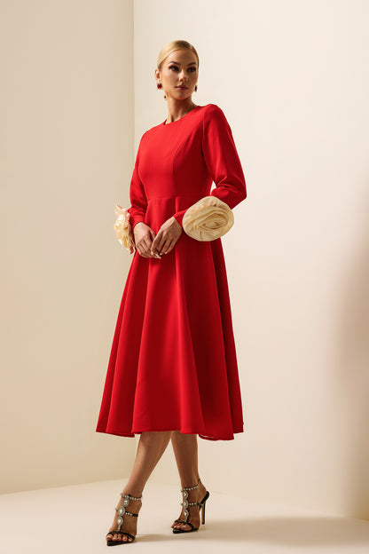 Vestido midi de manga larga con cuello redondo y flores 3D 