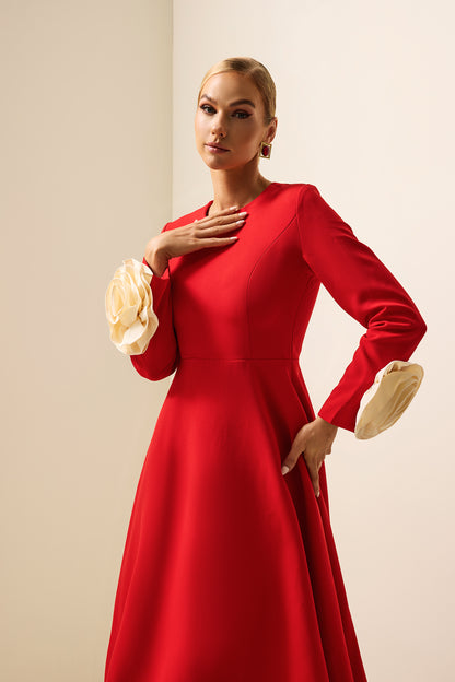 Vestido midi de manga larga con cuello redondo y flores 3D 