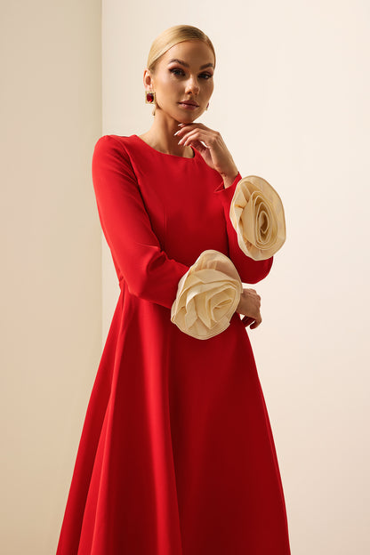 Vestido midi de manga larga con cuello redondo y flores 3D 