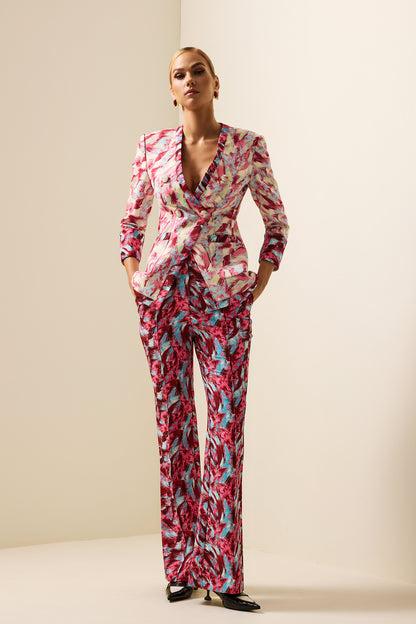 Pantalones holgados de cintura alta con estampado de plumas 