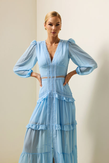 Vestido midi de encaje liso con escote en V y volantes en azul 