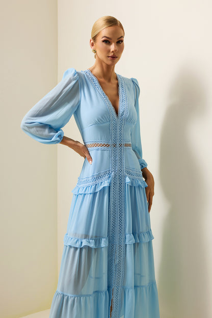 Vestido midi de encaje liso con escote en V y volantes en azul 