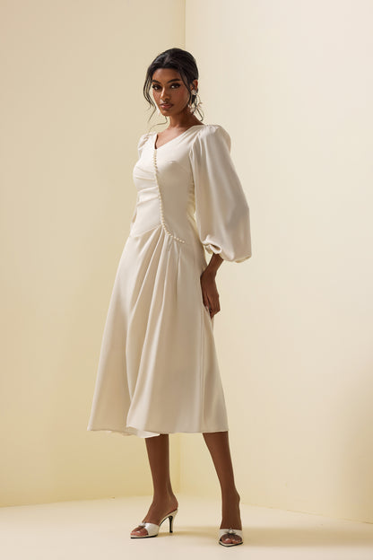 Vestido midi de manga larga con perlas sintéticas 