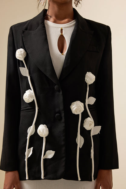 Blazer de manga larga con contraste de colores y flores 3D 