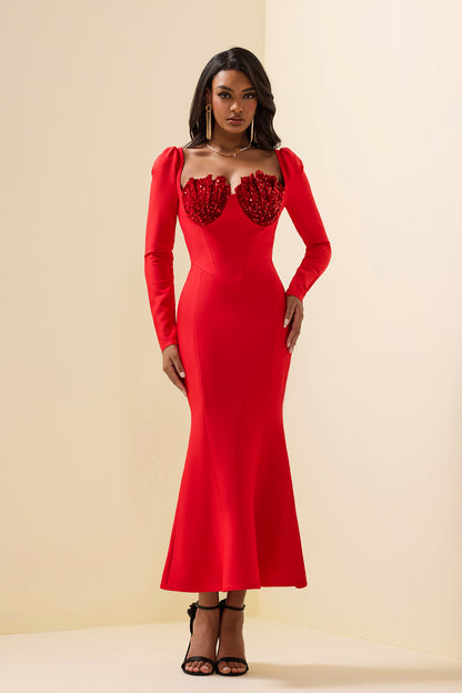 Vestido midi de manga larga de terciopelo con lentejuelas de punto 