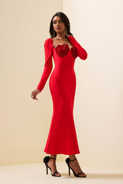 Vestido midi de manga larga de terciopelo con lentejuelas de punto 