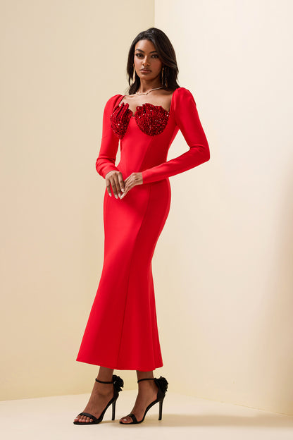 Vestido midi de manga larga de terciopelo con lentejuelas de punto 