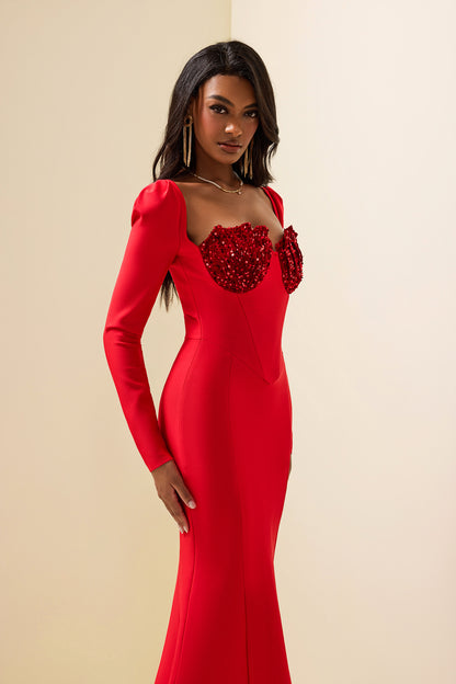 Vestido midi de manga larga de terciopelo con lentejuelas de punto 