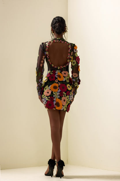 Minivestido de manga larga con bordado floral 