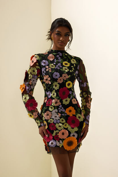 Minivestido de manga larga con bordado floral 