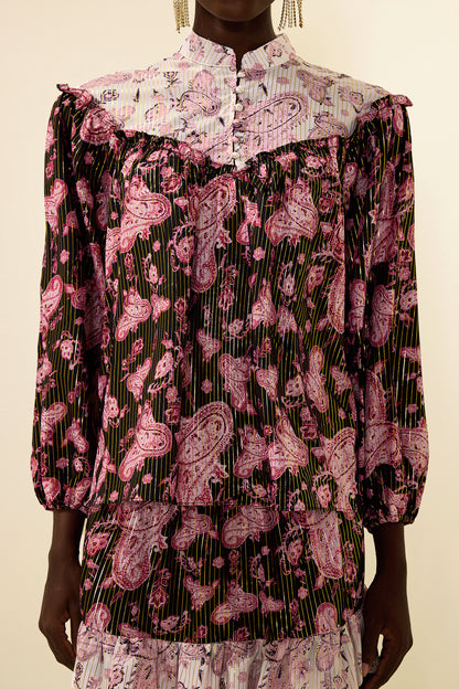 Vestido midi con estampado paisley y lámina dorada 