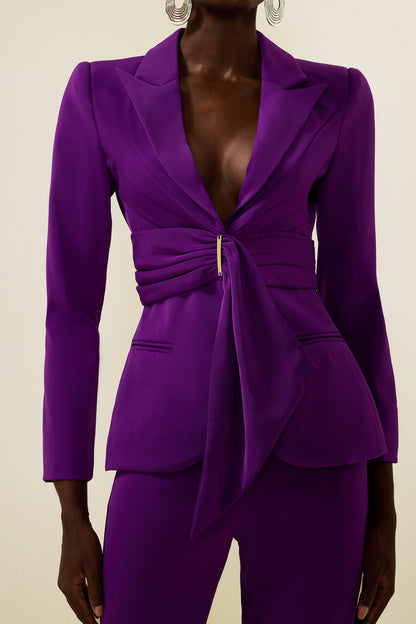 Conjunto de blazer con bajo fruncido liso y pantalón liso de cintura media 