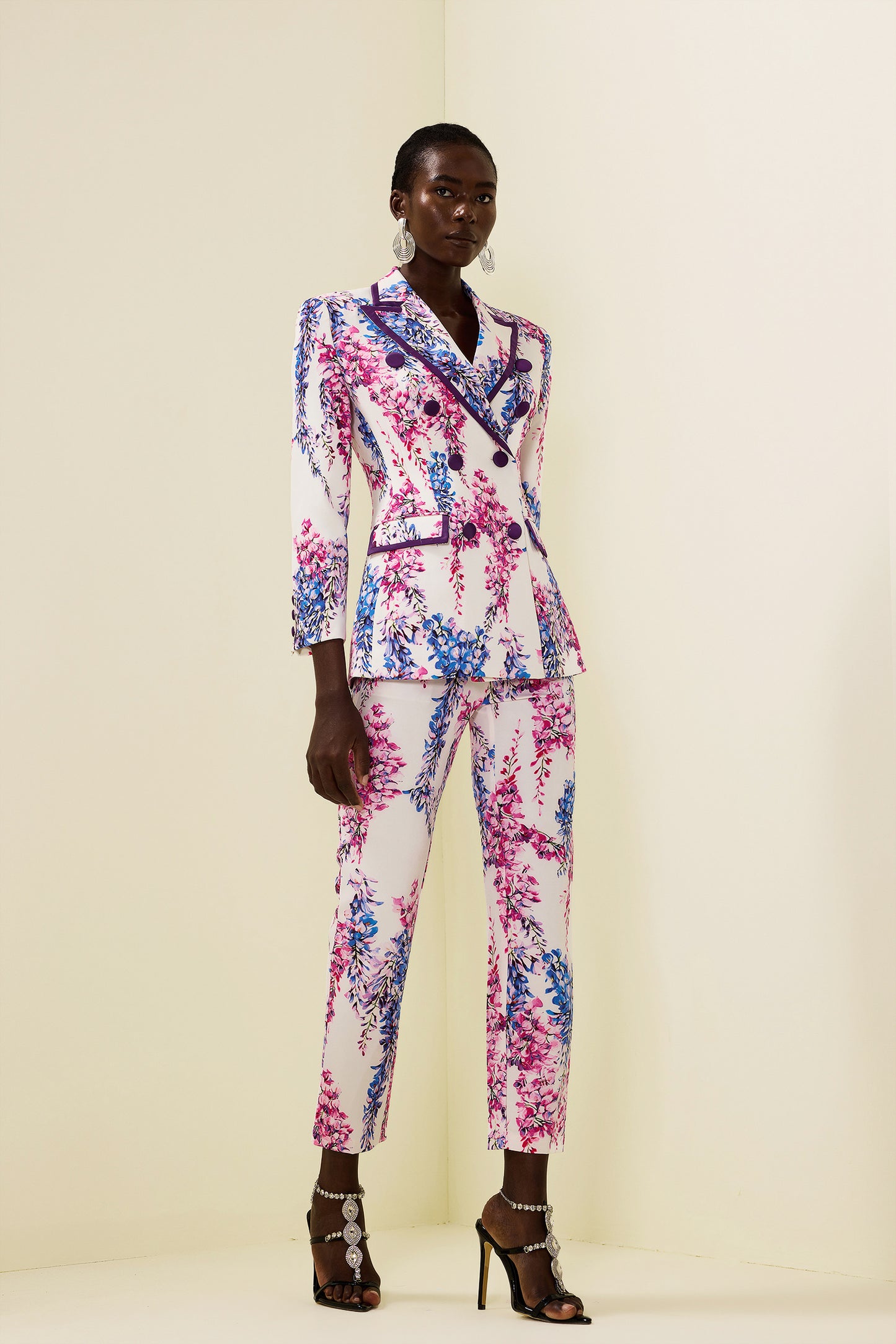 Conjunto de blazer cruzado floral y pantalón de cintura alta 