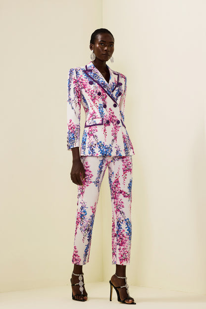 Conjunto de blazer cruzado floral y pantalón de cintura alta 