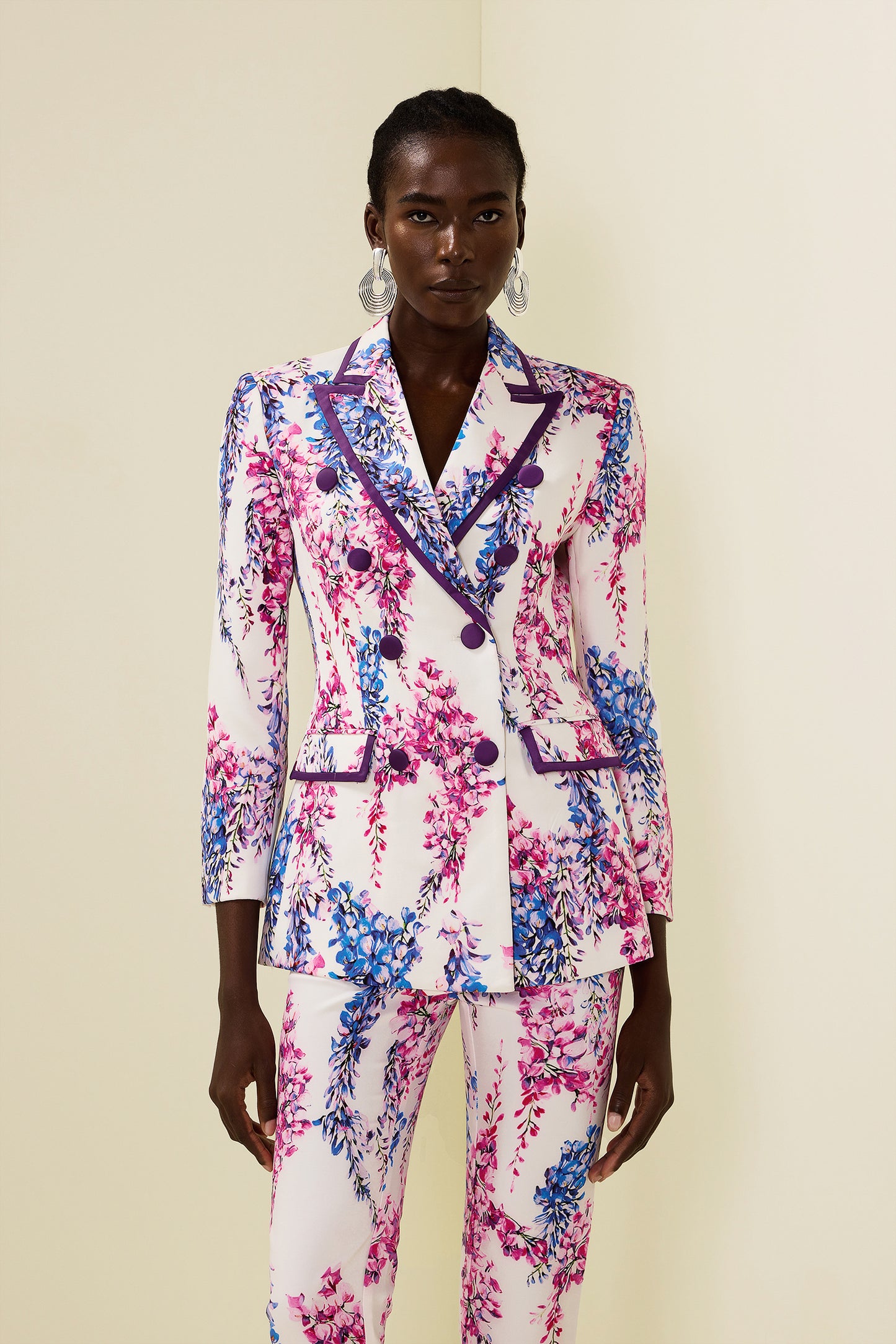 Conjunto de blazer cruzado floral y pantalón de cintura alta 