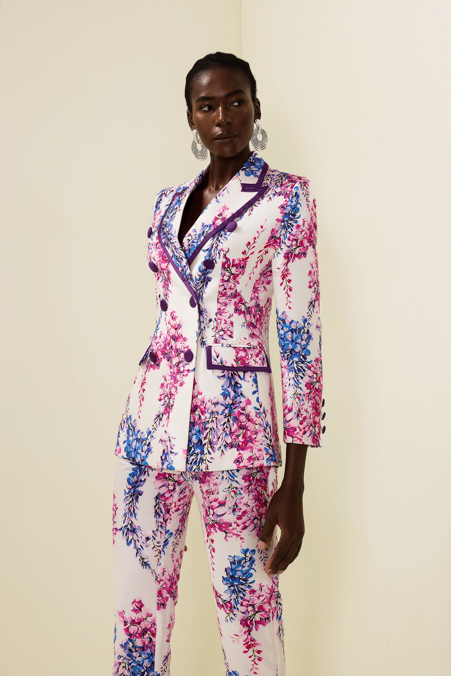 Conjunto de blazer cruzado floral y pantalón de cintura alta 