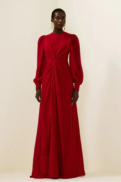 Vestido largo liso con mangas farol y nudo 