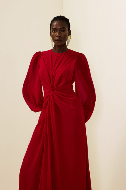 Vestido largo liso con mangas farol y nudo 