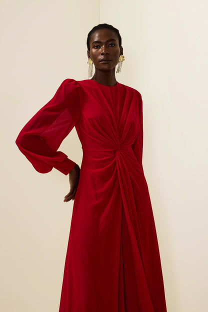 Vestido largo liso con mangas farol y nudo 