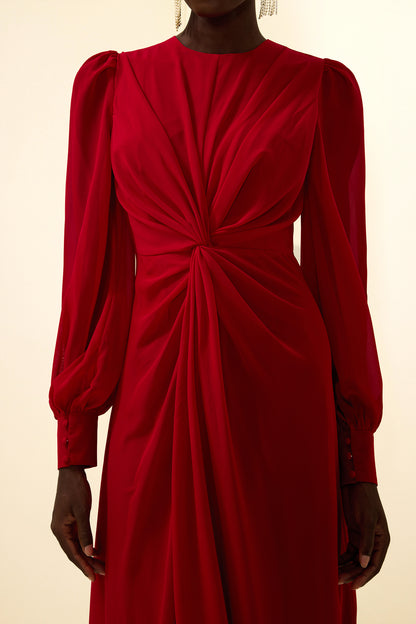 Vestido largo liso con mangas farol y nudo 