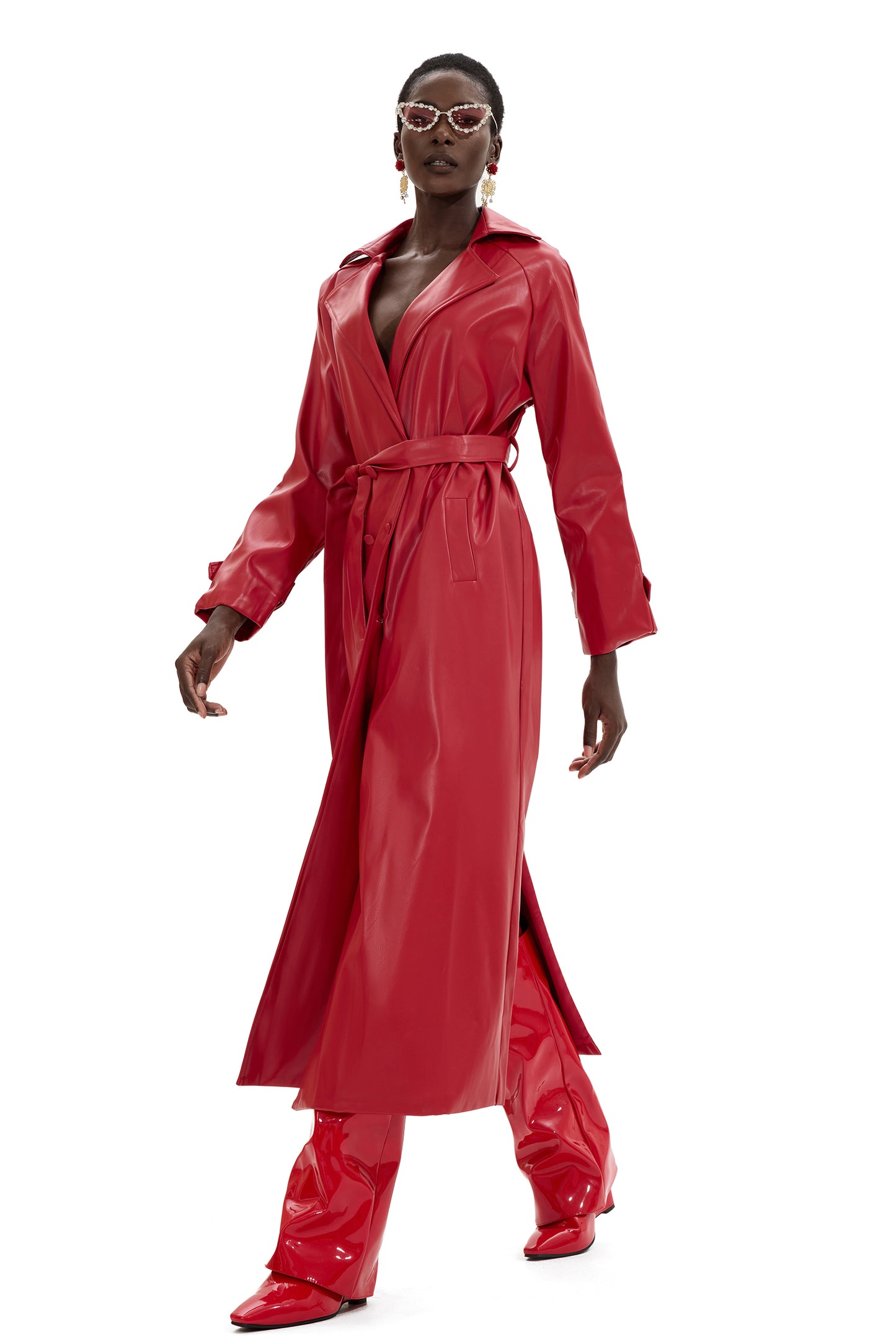 Abrigo midi cruzado de piel sintética lisa 