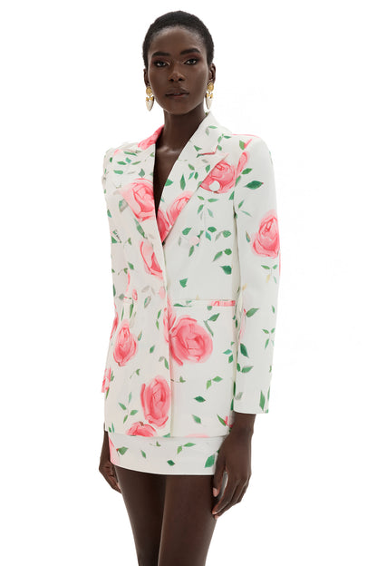 Conjunto de blazer cruzado floral y minifalda de cintura alta 