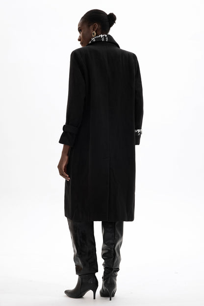 Abrigo de tweed de manga larga con empalme de lana 