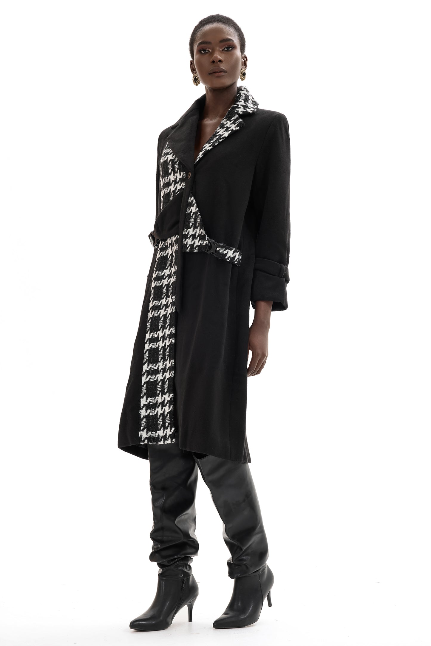 Abrigo de tweed de manga larga con empalme de lana 